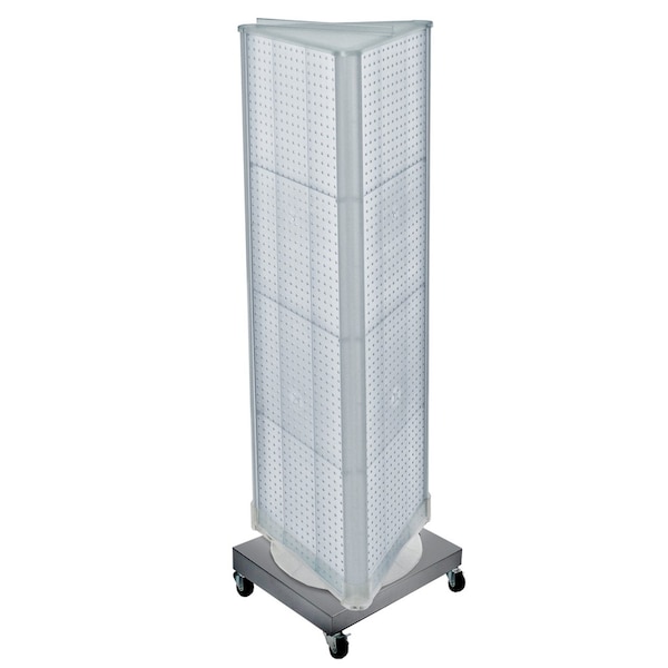 Three-Sided Revolving Pegboard Tower Floor Display on Wheeled Metal Base. Spinner Rack Stand.